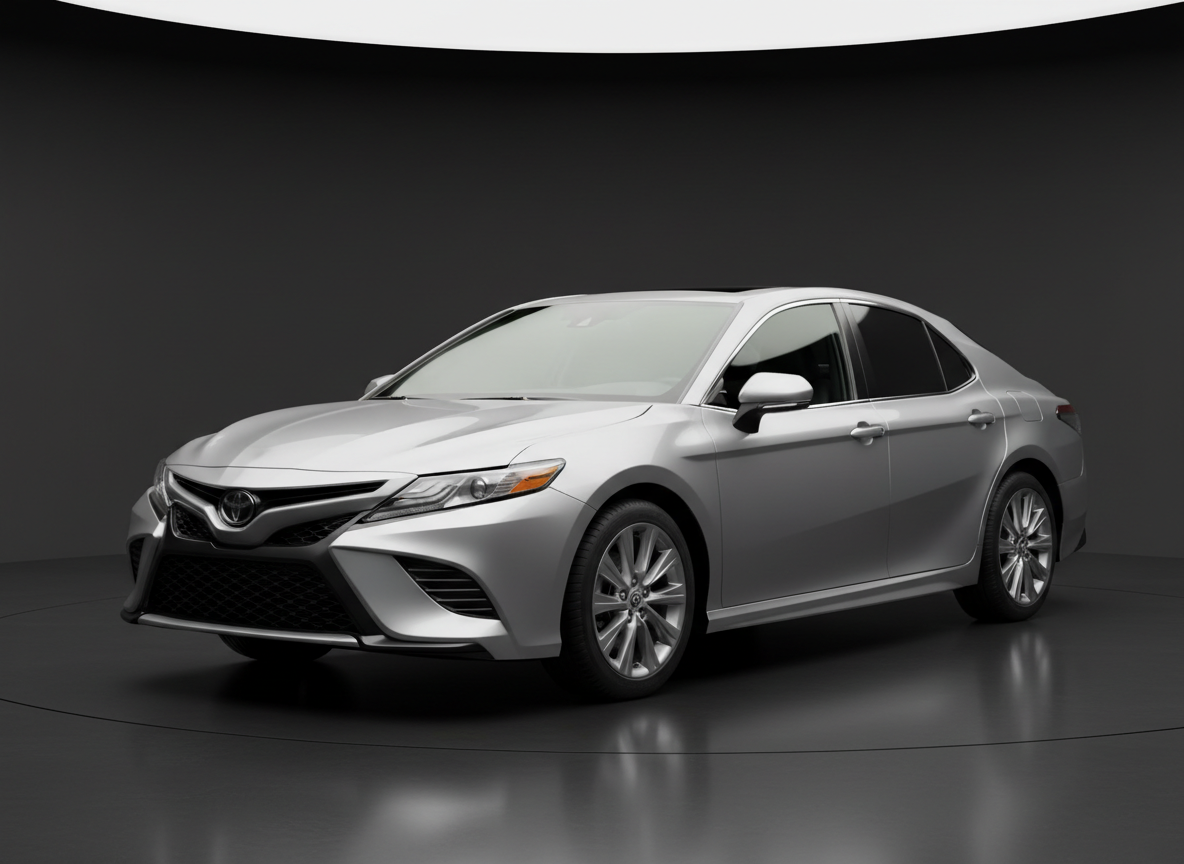 2021 Toyota Camry SE sedan in silver, three-quarter front angle