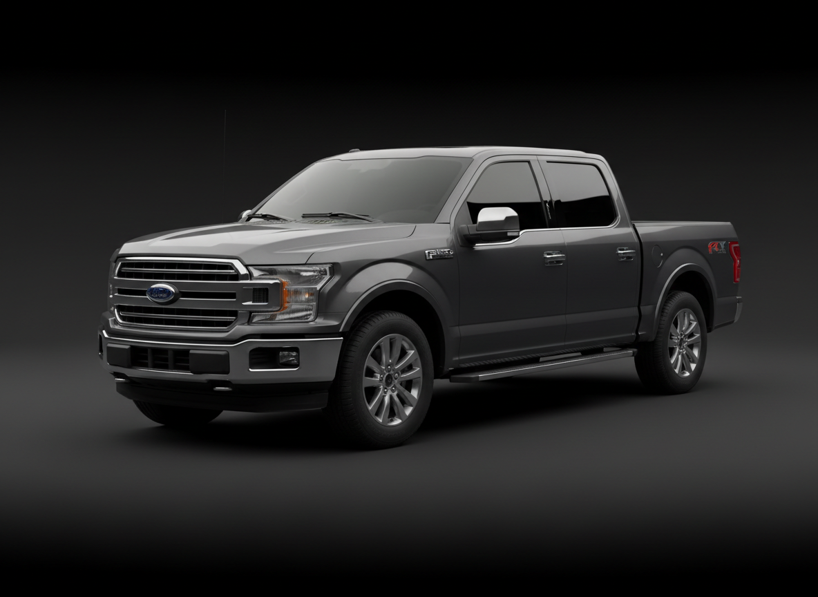 2019 Ford F-150 XLT pickup truck in dark gray, three-quarter front angle