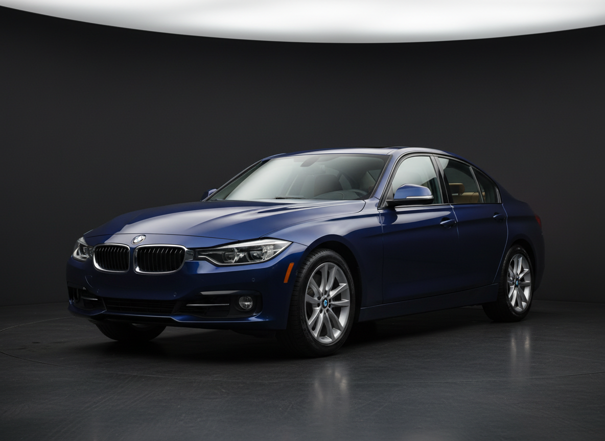 2018 BMW 3 Series 330i sedan in dark blue, three-quarter front angle